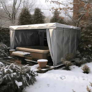 Un abri pour SPA dans un jardin en hiver