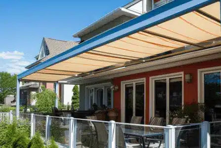 Multiple pergola canvases deployed over a bustling restaurant terrace on the South Shore of Montreal, providing shade to customers